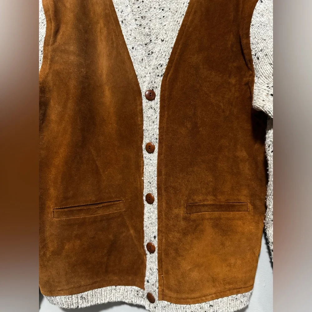 J.Crew Suede Front Cardigan Sweater Mens Medium Knit Button Brown FA22 - Picture 2 of 7